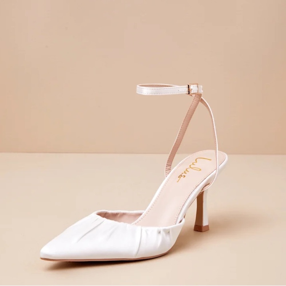 Margot White Satin Pointed-Toe Ankle Wrap High Heels